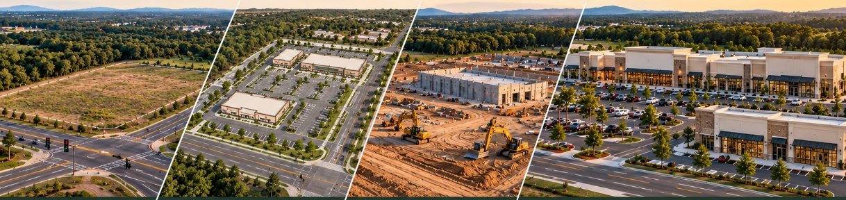 One site through four stages: raw land, a completed center, a project under construction, and a finished trading center